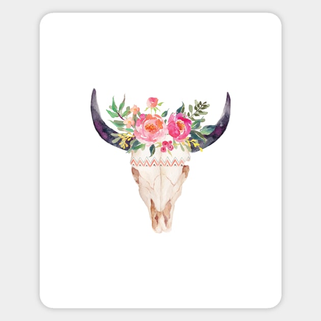 Bull skull with flower crown - hand painted watercolor Sticker by SouthPrints